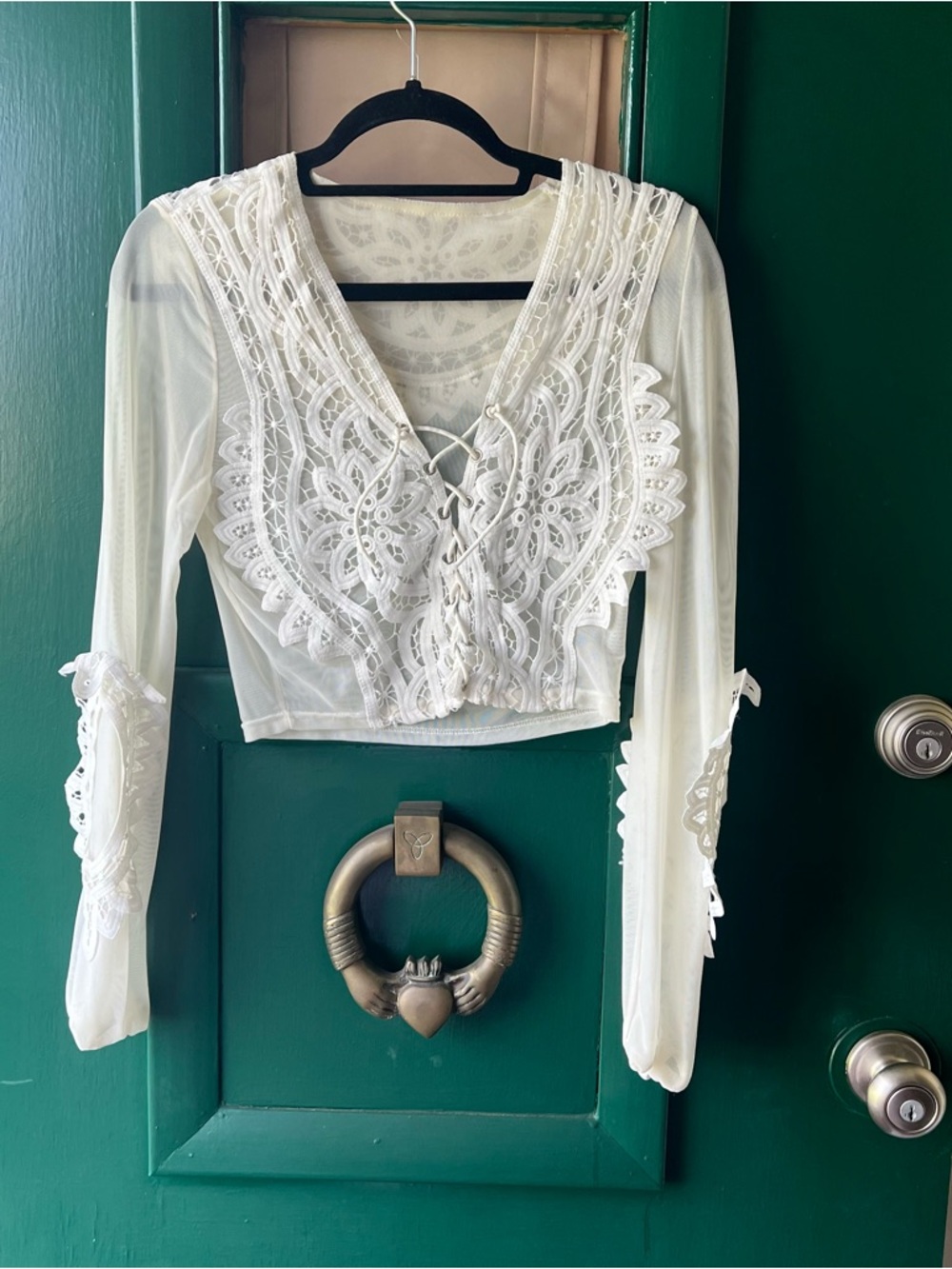 Boho Lace-Up Crochet Crop Top - White size small